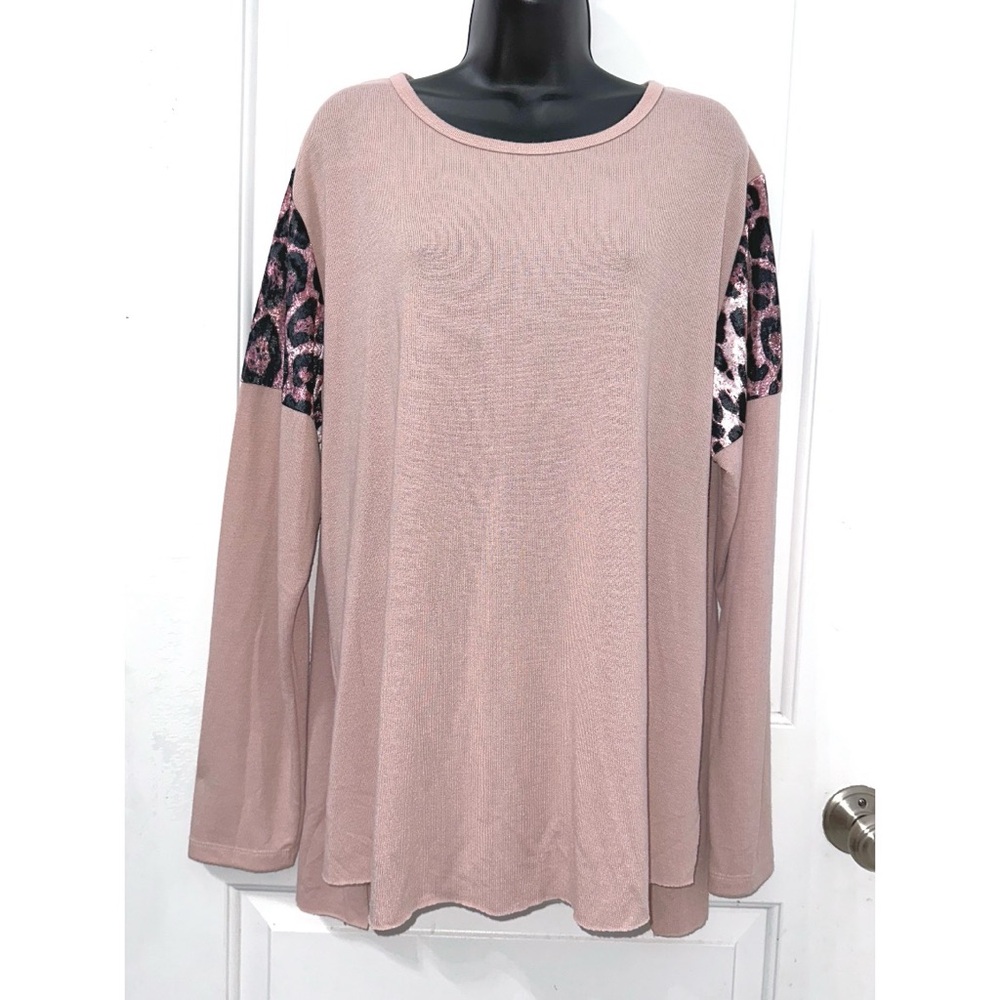 Grace & Emma pink long sleeve top with velvet leopard print on Sleeves
